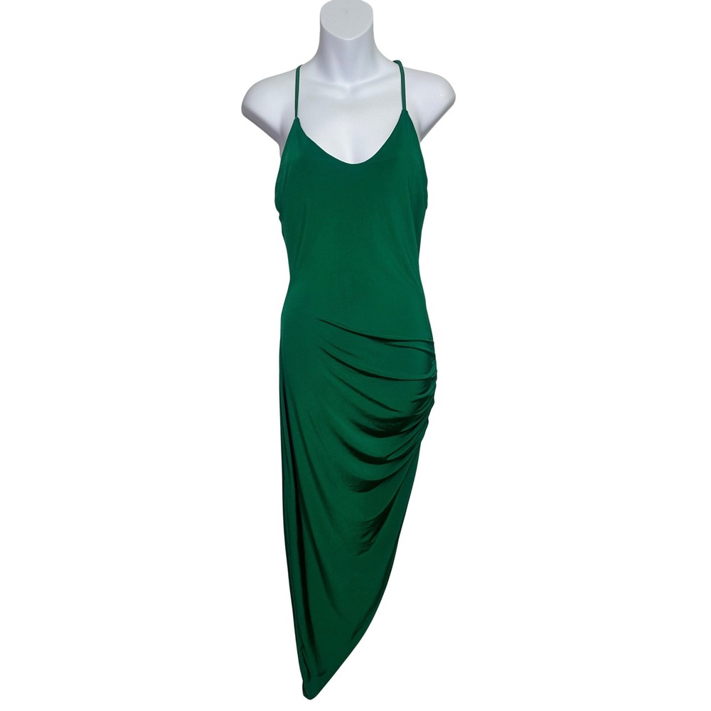 ruda Emerald Green‎ Asymmetrical Ruched Midi Dress Cross Back Size Large